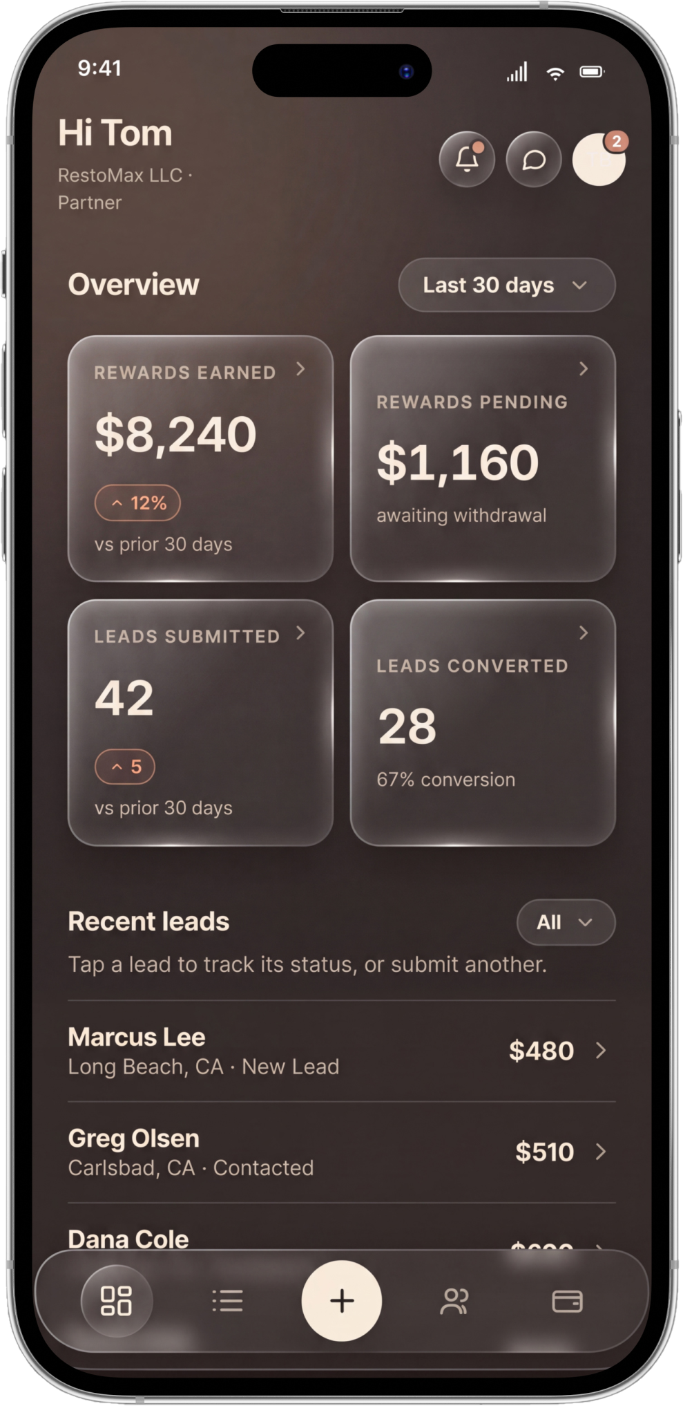 Tatch app on a phone — your whole network, one tap away
